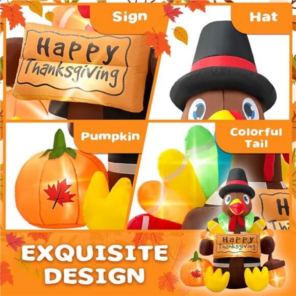 6FT Thanksgiving Inflatables Turkey Blow Up with Built-in Led Lights for Outdoor - Picture 5 of 7